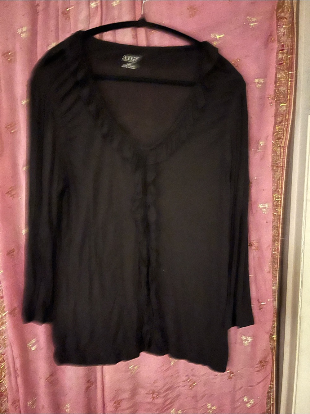 a.n.a Black Ruffle-Trim V-Neck Long Sleeve Blouse